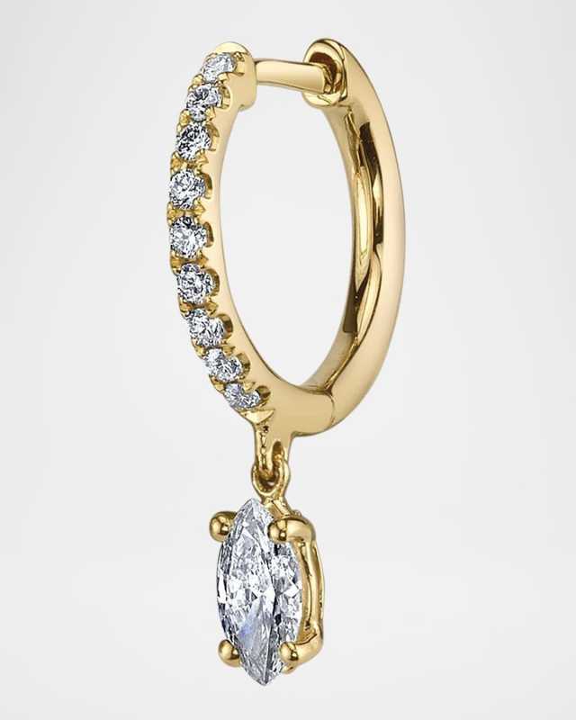 18K Yellow Gold Single Diamond Huggie Earrings with Marquise Diamond Drop